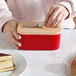 Sweese 324.104 Large Butter Dish with Knife - Airtight Butter Keeper Holds Up to 2 Sticks of Butter - Porcelain Container with Beech Wooden Lid, Red