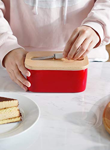 Sweese 324.104 Large Butter Dish with Knife - Airtight Butter Keeper Holds Up to 2 Sticks of Butter - Porcelain Container with Beech Wooden Lid, Red