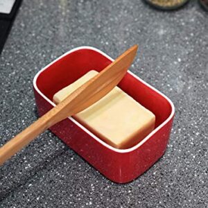 Sweese 324.104 Large Butter Dish with Knife - Airtight Butter Keeper Holds Up to 2 Sticks of Butter - Porcelain Container with Beech Wooden Lid, Red