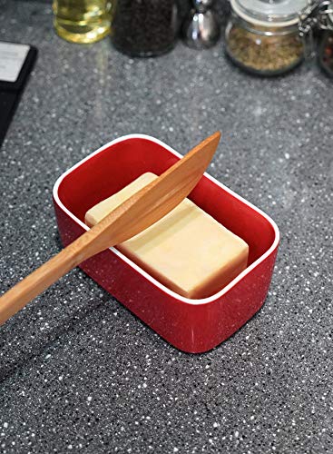 Sweese 324.104 Large Butter Dish with Knife - Airtight Butter Keeper Holds Up to 2 Sticks of Butter - Porcelain Container with Beech Wooden Lid, Red