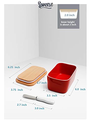 Sweese 324.104 Large Butter Dish with Knife - Airtight Butter Keeper Holds Up to 2 Sticks of Butter - Porcelain Container with Beech Wooden Lid, Red