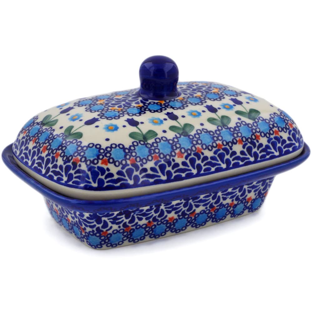 Polish Pottery 7¼-inch Butter Dish (Blue Tulip Garden Theme) Signature UNIKAT + Certificate of Authenticity