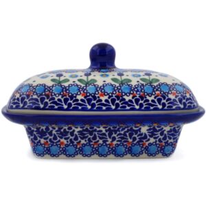 Polish Pottery 7¼-inch Butter Dish (Blue Tulip Garden Theme) Signature UNIKAT + Certificate of Authenticity