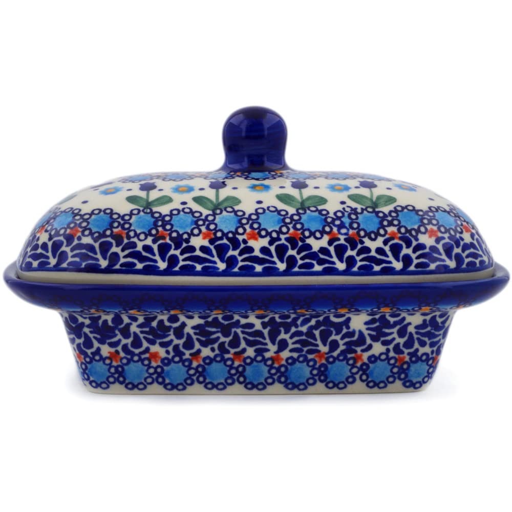 Polish Pottery 7¼-inch Butter Dish (Blue Tulip Garden Theme) Signature UNIKAT + Certificate of Authenticity