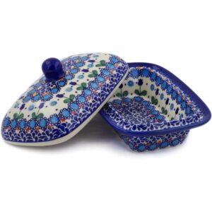 Polish Pottery 7¼-inch Butter Dish (Blue Tulip Garden Theme) Signature UNIKAT + Certificate of Authenticity