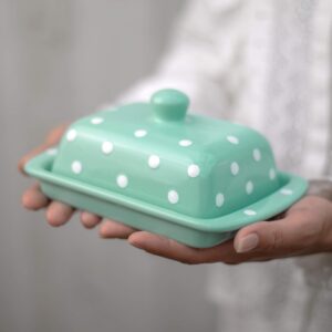 handmade ceramic european covered butter dish with lid | unique teal and white polka dot pottery butter keeper | housewarming gift by city to cottage®