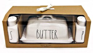 rae dunn by magenta butter dish with s-salt and p-pepper shaker 3 item boxed set