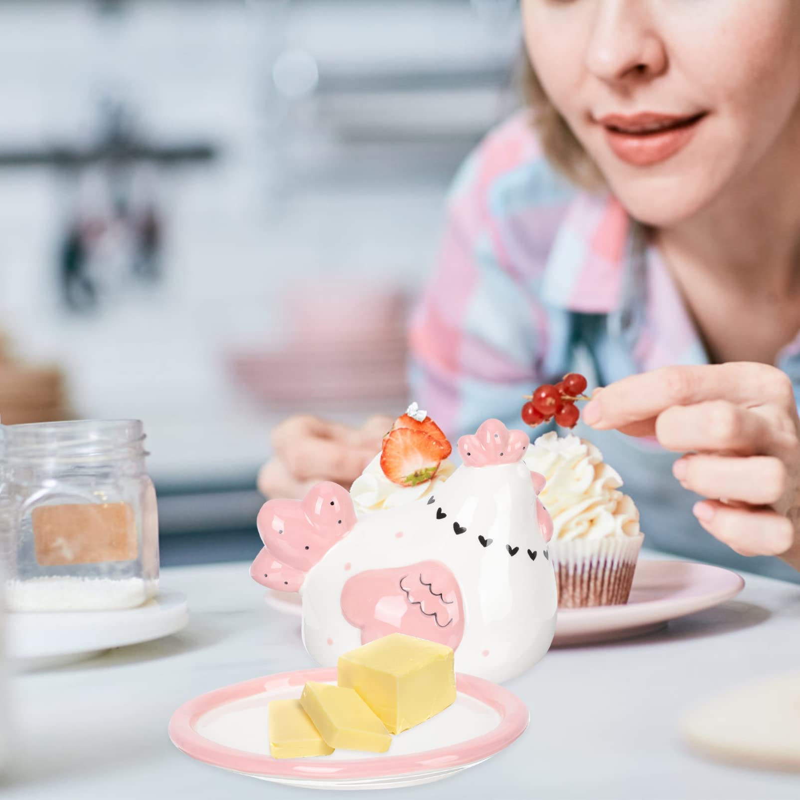 Cabilock Chicken Butter Dish with Lid Animal Covered Butter Dish Ceramic Butter Keeper Butter Container Butter Box for Kitchen Countertop