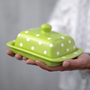handmade ceramic european covered butter dish with lid | unique lime green and white polka dot pottery butter keeper | housewarming gift by city to cottage®