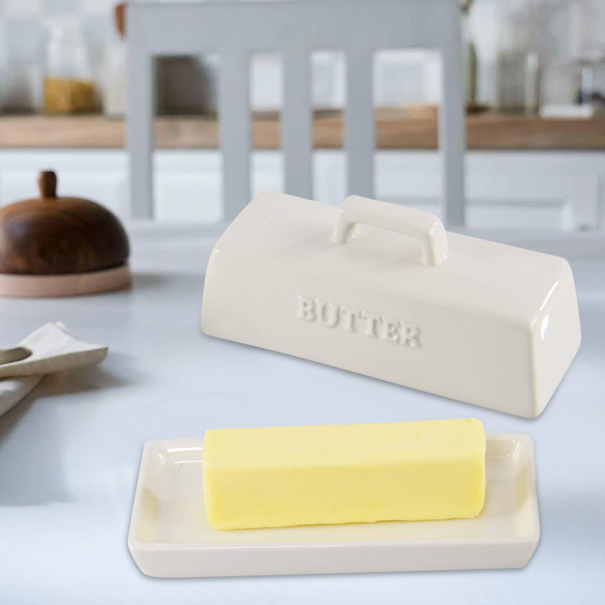 HOME-X Classic Butter Dish, Butter Dish with Cover, Farmhouse Dish for Stick of Butter, Butter Crock, 6 ¾”L x 3 ¼”W x 3" H, White