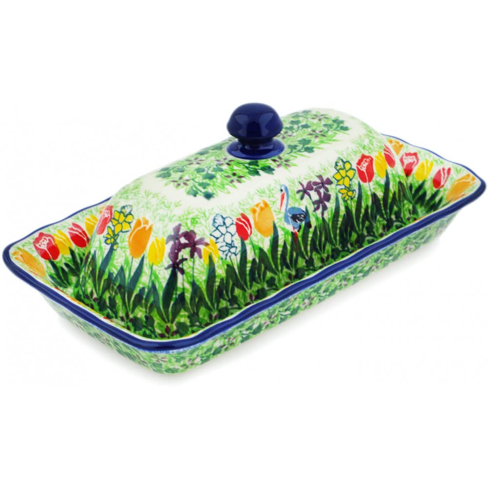 Polish Pottery 8¾-inch Butter Dish made by Ceramika Artystyczna (Crane In Tulip Splendor Theme) Signature UNIKAT + Certificate of Authenticity