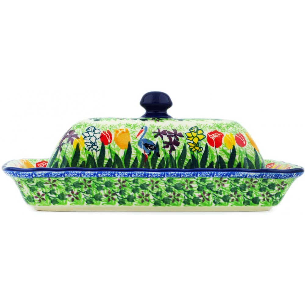 Polish Pottery 8¾-inch Butter Dish made by Ceramika Artystyczna (Crane In Tulip Splendor Theme) Signature UNIKAT + Certificate of Authenticity