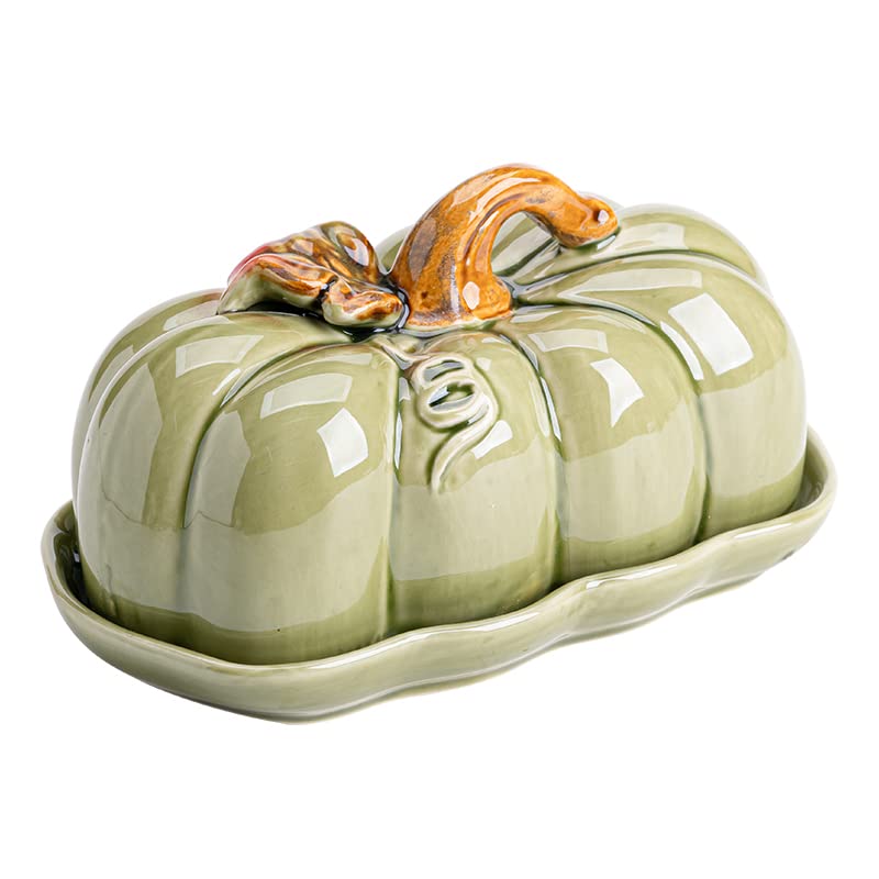 YINYUEDAO Pumpkin Butter Dish with Lid Ceramic Butter Keeper - for Butter, Dishes, Fruits - Butter Dish for Countertop, Counter, Refrigerator - Farmhouse Decoration for Kitchen ( Orange Pumpkin )