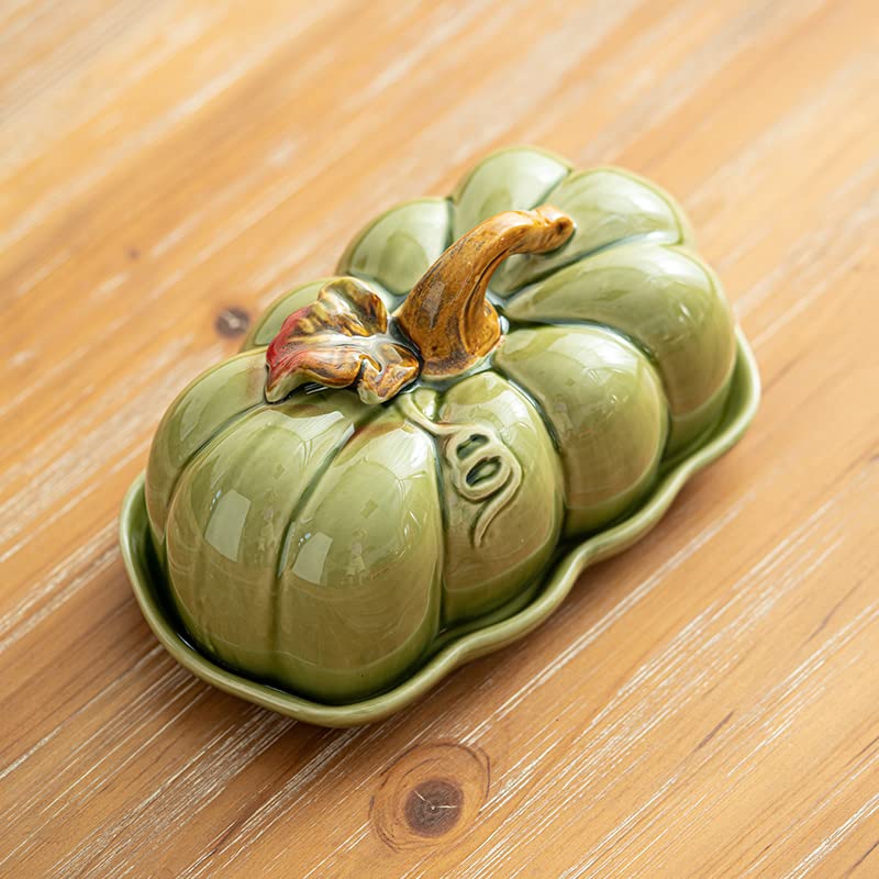 YINYUEDAO Pumpkin Butter Dish with Lid Ceramic Butter Keeper - for Butter, Dishes, Fruits - Butter Dish for Countertop, Counter, Refrigerator - Farmhouse Decoration for Kitchen ( Orange Pumpkin )