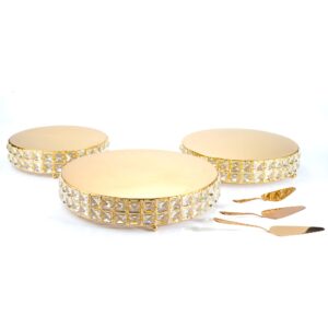 lindlemann-shiny cake stand-decorative metal cake holder with spatula-round cake stand-genuine mineral crystals-set of 3 serving plate display- mothers' & easter day gift tray-gold (10 + 12 +13.5 in)