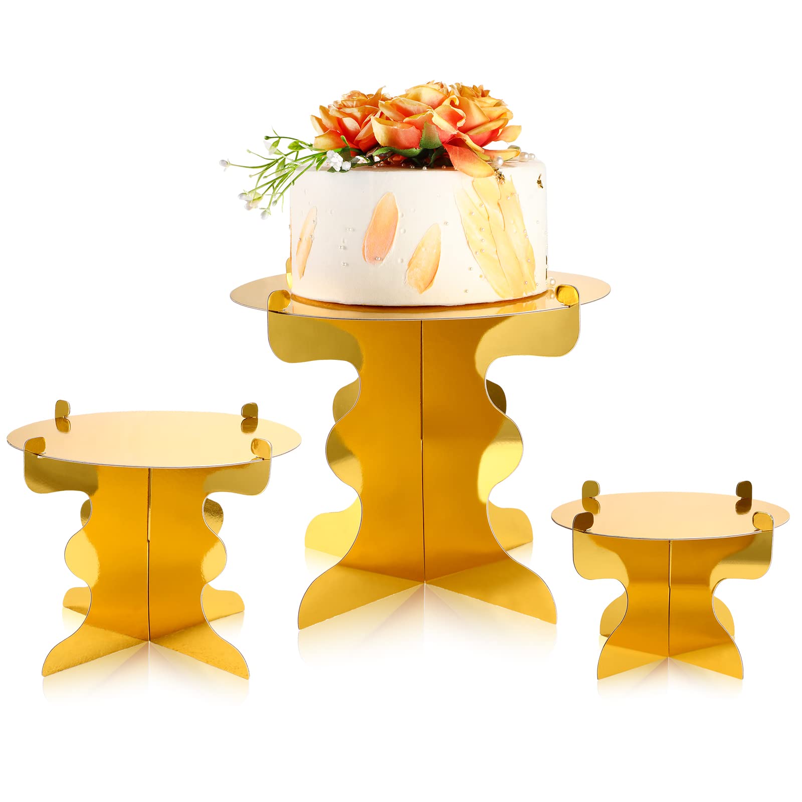 Nuenen 3 Pcs Gold Cake Stand, Cardboard Cake Pop Stand Set 1 Tier Round Cake Display Stand for Dessert Table Wedding Birthday Wedding Baby Shower Decoration, 3 Sizes