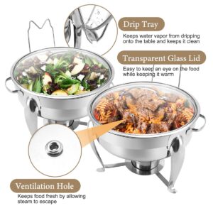 BriSunshine 6 QT Chafing Dish Buffet Set with Serving Spoons, 2 Packs Stainless Steel Round Chafing Dishes with Glass Lid & Lid Holder, Food Warmers for Parties Buffet Weddings Catering Events