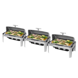 rovsun 3-pack roll top chafing dish buffet set,9 quart full size pan chafer, nsf stainless steel rectangular setfor wedding,parties,banquet, catering events