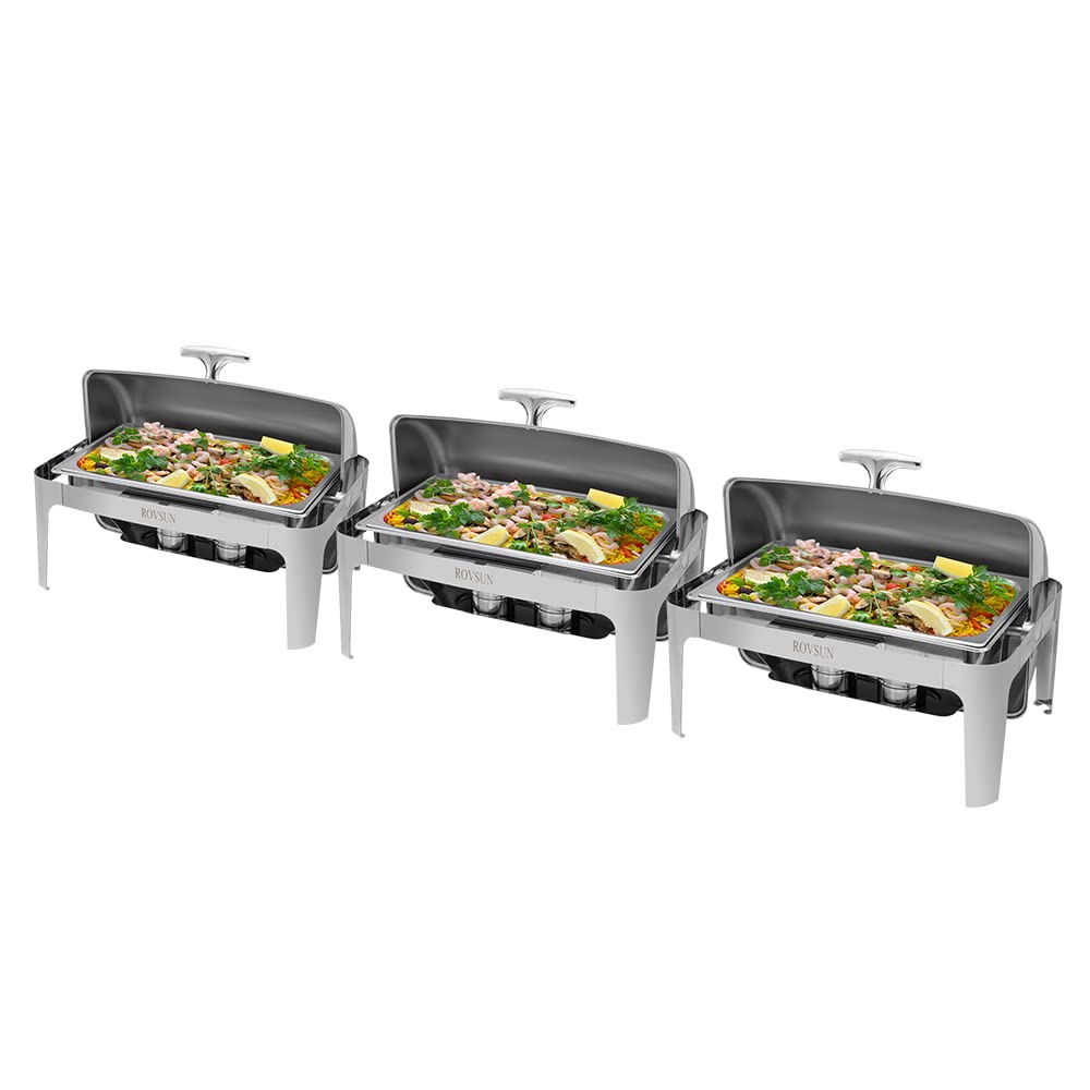 ROVSUN 3-Pack Roll Top Chafing Dish Buffet Set,9 Quart Full Size Pan Chafer, NSF Stainless Steel Rectangular Setfor Wedding,Parties,Banquet, Catering Events