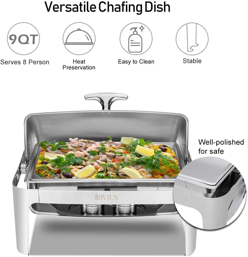 ROVSUN 3-Pack Roll Top Chafing Dish Buffet Set,9 Quart Full Size Pan Chafer, NSF Stainless Steel Rectangular Setfor Wedding,Parties,Banquet, Catering Events
