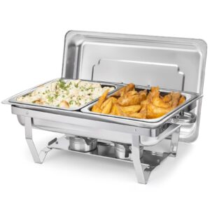 fasmov chafing dish buffet set, 8 quart stainless steel catering serve chafer, restaurant food warmer, rectangular buffet stove with 2 half size food pans and folding frame