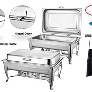 CHEFQ [2 Pack| 8Qt Deluxe Hinged Chafing Dish Foldable Frame Buffet Chafer Stainless Steel Food Warmer and 2 Aprons