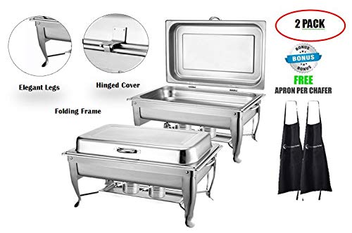 CHEFQ [2 Pack| 8Qt Deluxe Hinged Chafing Dish Foldable Frame Buffet Chafer Stainless Steel Food Warmer and 2 Aprons