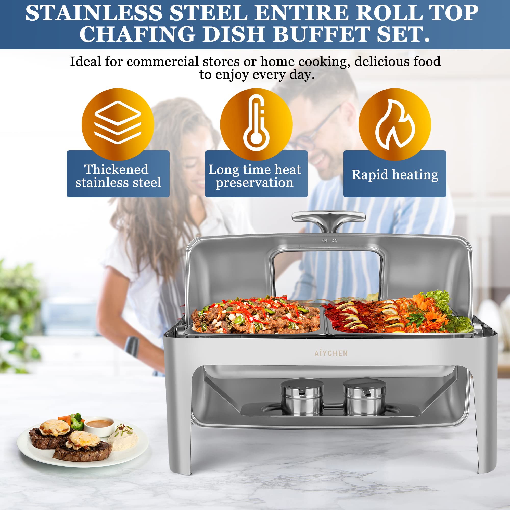 Chafing Dish Buffet Set 9 QT Chafers and Buffet Warmers Sets High Grade Stainless Steel Chafer Complete Set with Gas Container Visual Lid Spoon Temperature Control for Catering Supplies (2 Pan)