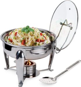 4 quart round stainless steel chafing dish with bonus slotted spoon and drip tray for lid| keeps linens dry | for wedding, graduation, events, parties | sterno holder…