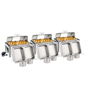 rovsun 9 qt 3 packs stainless steel chafing dish buffet set with electric & fuel heating, nsf roll top catering chafer server with full size & 2 detachable food pans, glass lid for party banquet