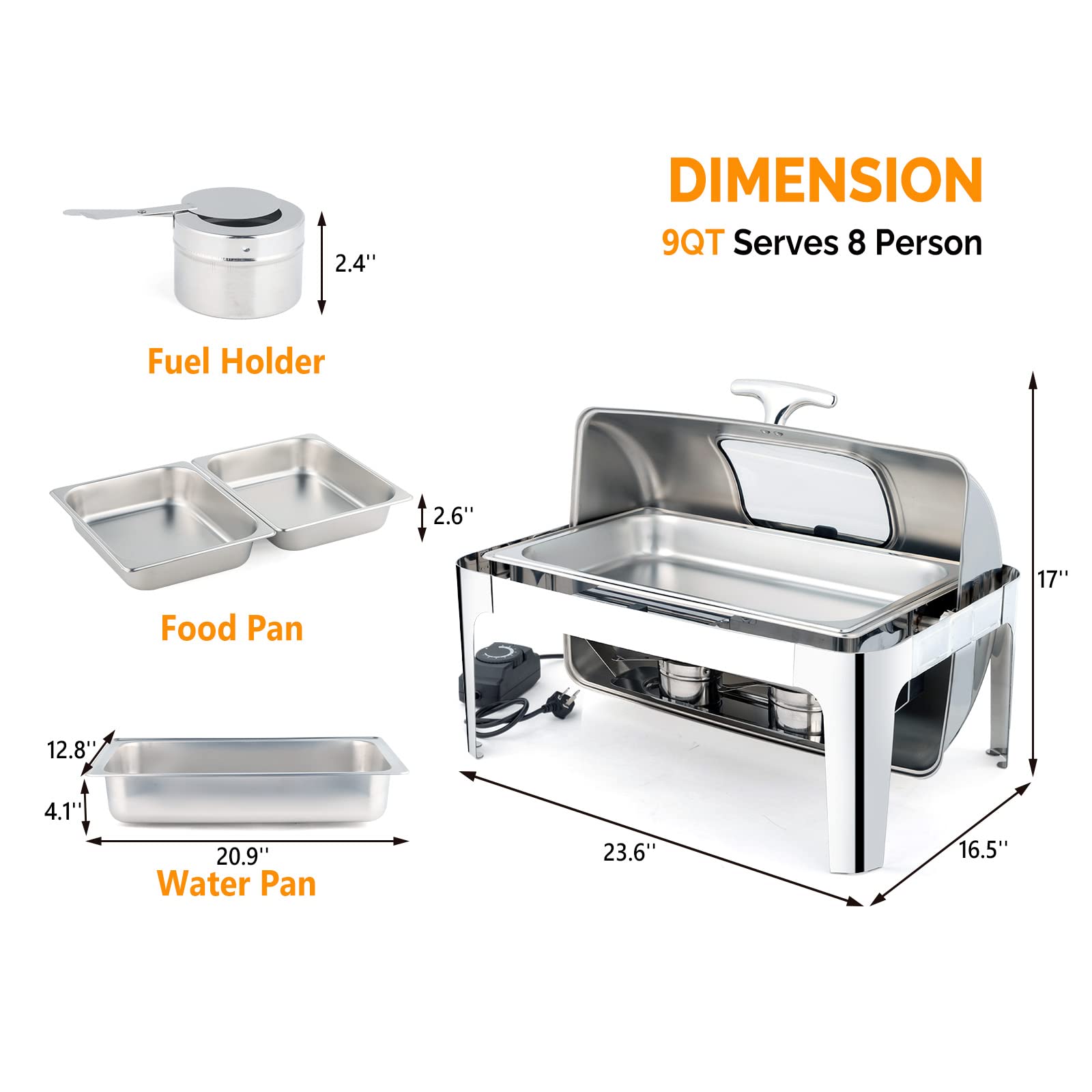 ROVSUN 9 QT 3 Packs Stainless Steel Chafing Dish Buffet Set with Electric & Fuel Heating, NSF Roll Top Catering Chafer Server with Full Size & 2 Detachable Food Pans, Glass Lid for Party Banquet