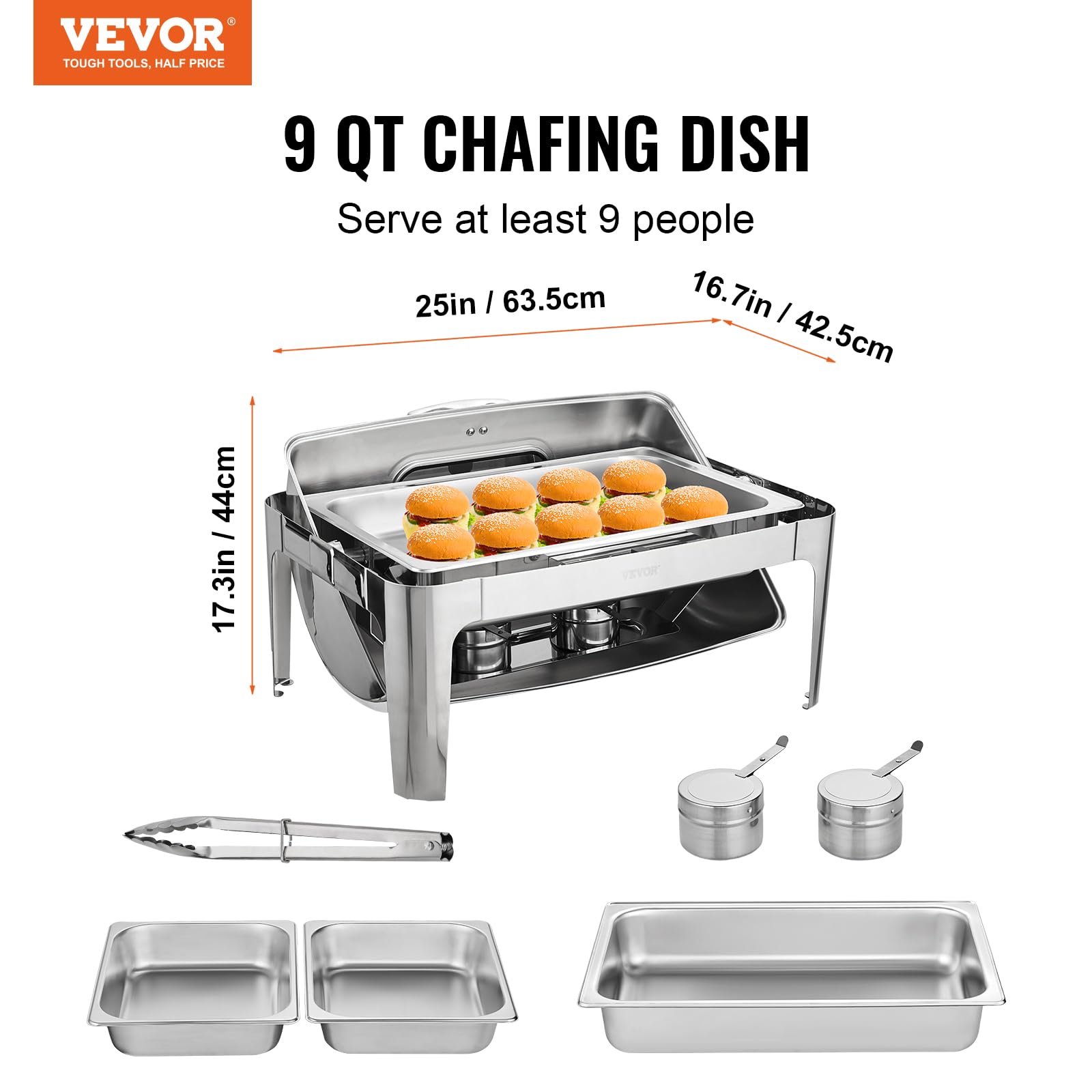 VEVOR Roll Top Chafing Dish Buffet Set, 9 Qt, Stainless Steel Chafer with 2 Half Size Pans, Rectangle Catering Warmer Server with Visible Lid Water Pan Stand Fuel Holder Clip, for at Least 9 People