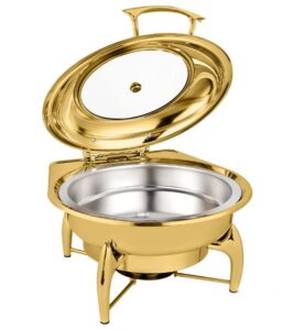 honhpd 6.8 qt round golden chafing dish, chaffing server set buffet, stainless steel buffet chafer with glass lid, chafers and buffet warmers set for catering, buffet food warmer for parties