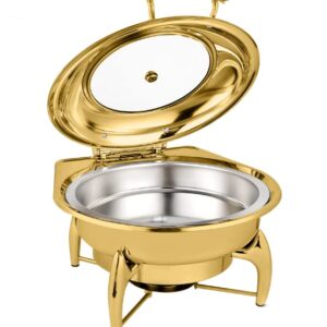 HONHPD 6.8 QT Round Golden Chafing Dish, chaffing server set buffet, Stainless Steel Buffet Chafer with Glass Lid, Chafers and Buffet Warmers Set for Catering, Buffet Food Warmer for Parties