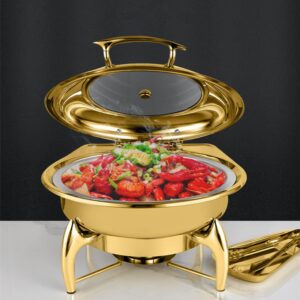 HONHPD 6.8 QT Round Golden Chafing Dish, chaffing server set buffet, Stainless Steel Buffet Chafer with Glass Lid, Chafers and Buffet Warmers Set for Catering, Buffet Food Warmer for Parties