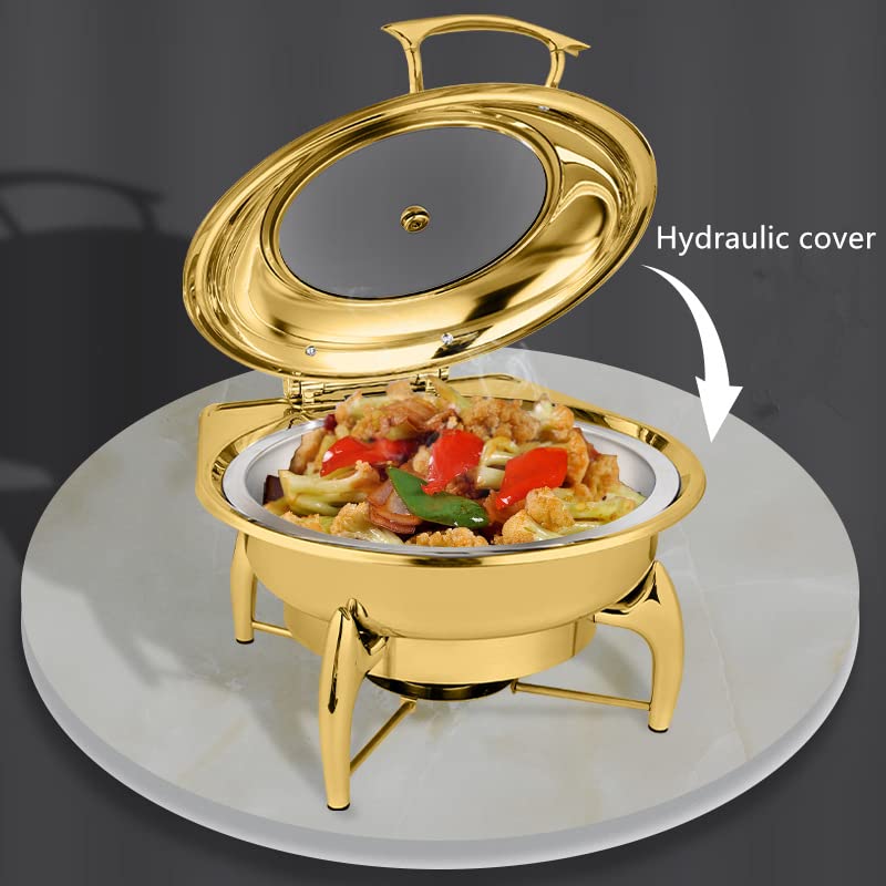 HONHPD 6.8 QT Round Golden Chafing Dish, chaffing server set buffet, Stainless Steel Buffet Chafer with Glass Lid, Chafers and Buffet Warmers Set for Catering, Buffet Food Warmer for Parties