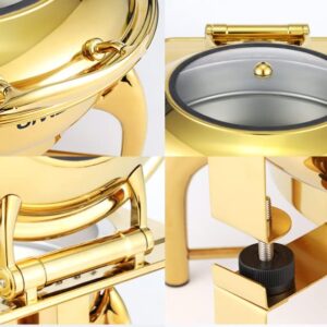 HONHPD 6.8 QT Round Golden Chafing Dish, chaffing server set buffet, Stainless Steel Buffet Chafer with Glass Lid, Chafers and Buffet Warmers Set for Catering, Buffet Food Warmer for Parties