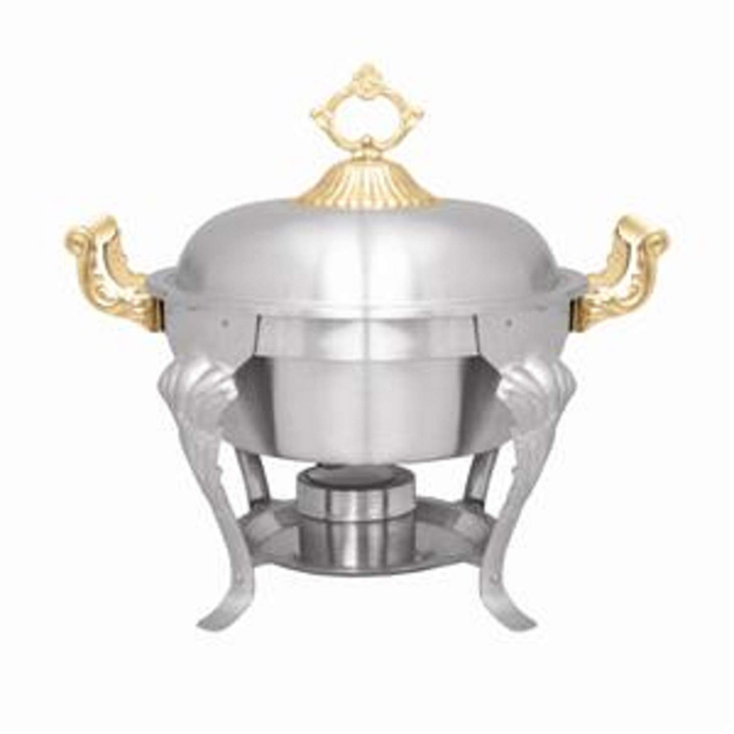 Tiger Chef 5 Qt. Half Size Round Stainless Steel Soup Tureen Chafer with Gold Accent Brass Handles Chafing Dishes Hot Food Warmer Buffet Set Food Warmers for Parties Steam Table Buffet Set