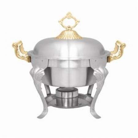 Tiger Chef 5 Qt. Half Size Round Stainless Steel Soup Tureen Chafer with Gold Accent Brass Handles Chafing Dishes Hot Food Warmer Buffet Set Food Warmers for Parties Steam Table Buffet Set