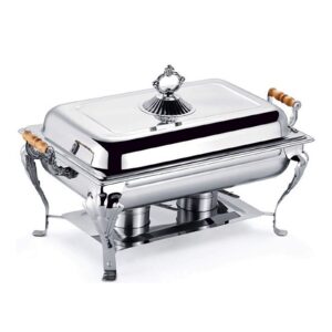 8 quart stainless steel chafing dish buffet set, retro silver rectangular catering chafer warmer set with wooden handle fuel holder, stainless steel buffet servers for kitchen party banquet dining
