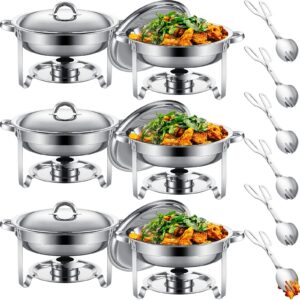 6 pack round chafing dish buffet set with food tongs 4 qt stainless steel round chafers for catering, buffet server and warmer set chafers food warmers for party banquet wedding events
