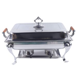 8 Quart Stainless Steel Chafing Dish Buffet Set, Retro Silver Rectangular Catering Chafer Warmer Set with Wooden Handle Fuel Holder, Stainless Steel Buffet Servers for Kitchen Party Banquet Dining