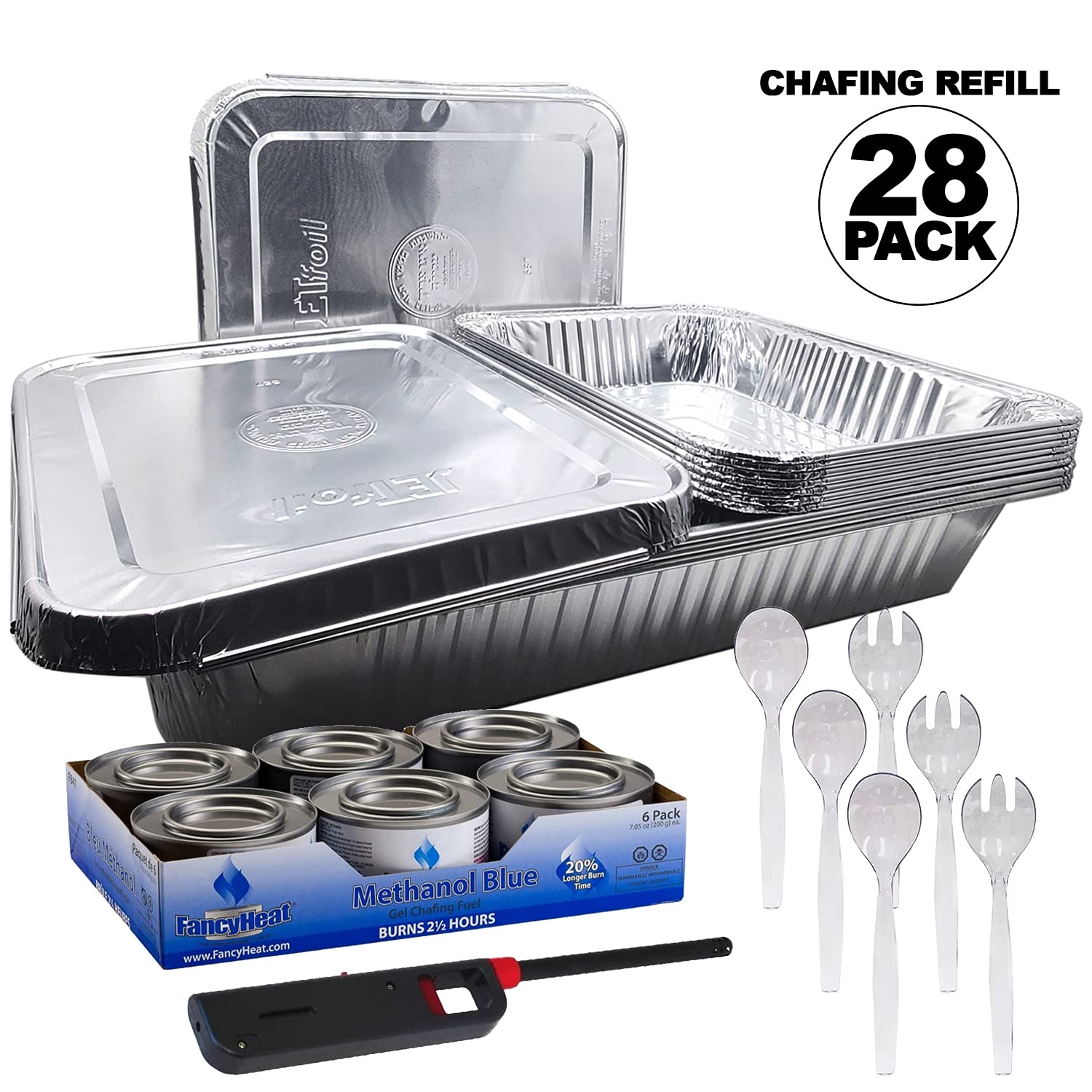 Nicole Fantini 28 Piece Refill Disposable Aluminum Chafing Dish Buffet Party Set - Includes Aluminum pans, Methanol Fuel, Serving Utensils & HANDI LIGHTER (Racks are NOT included)