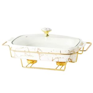 ceramics chafing dish buffet set,marble finish chafers and buffet warmers sets,food warmer with gold accents,rectangular chafers server with glass lid for buffet home banquets restaurant