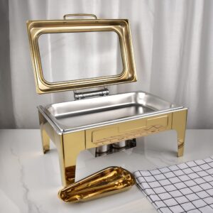 honhpd 10l gold stainless steel buffet stove, heating square heat preservation stove chafing dish hydraulic glass cover buffet stove, suitable for hotels, restaurants, parties