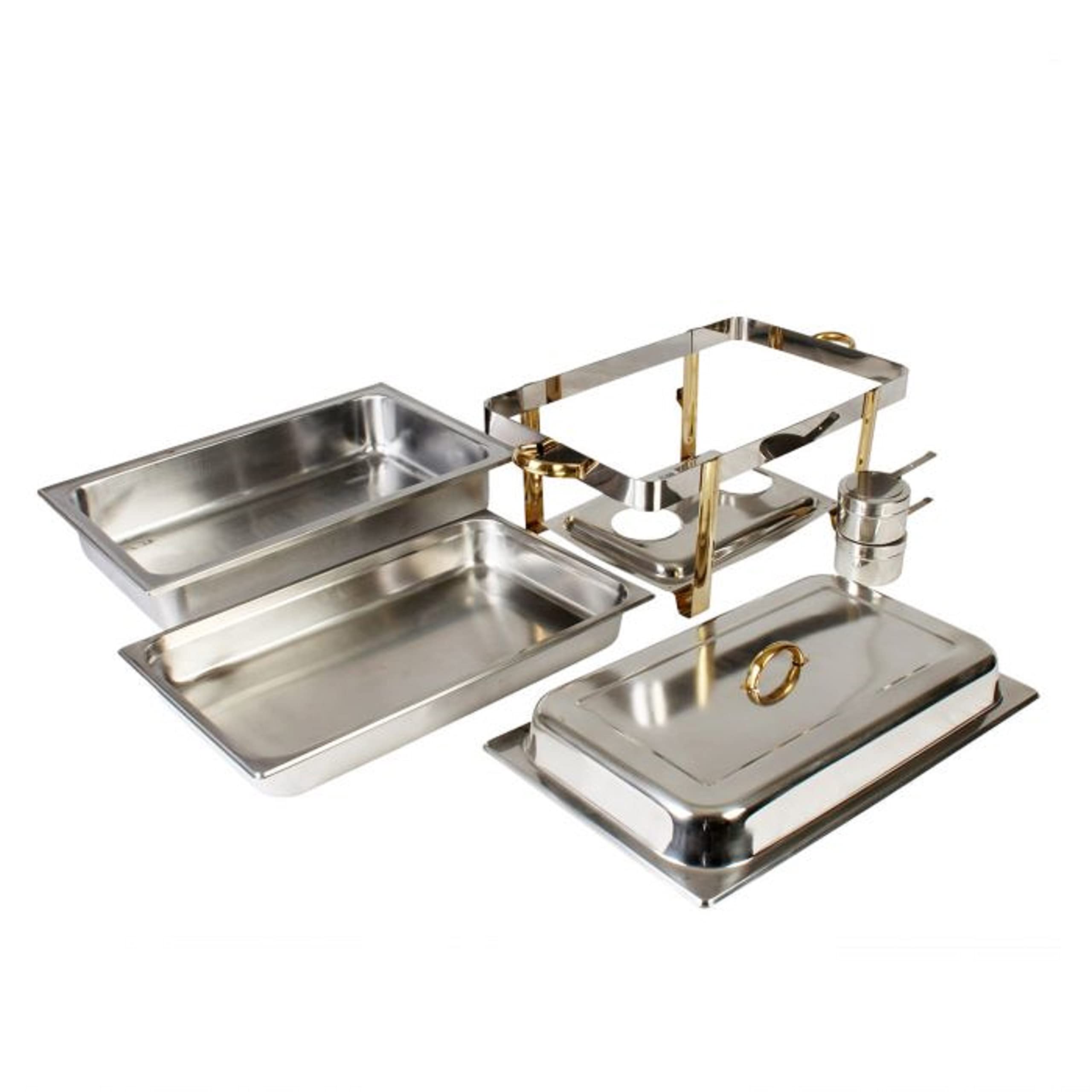 TrueCraftware 8 Qt. Full Size Stainless Steel Oblong Chafing Dish Gold Accent Complete Set- Chafers and Buffet Warmer Sets for Catering Event Party Holiday Buffet Weddings Catering