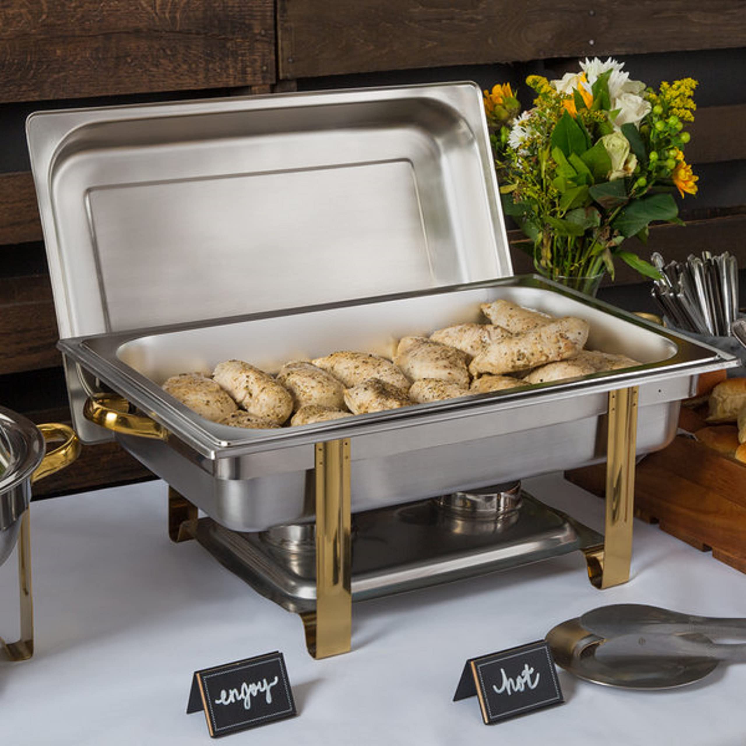 TrueCraftware 8 Qt. Full Size Stainless Steel Oblong Chafing Dish Gold Accent Complete Set- Chafers and Buffet Warmer Sets for Catering Event Party Holiday Buffet Weddings Catering