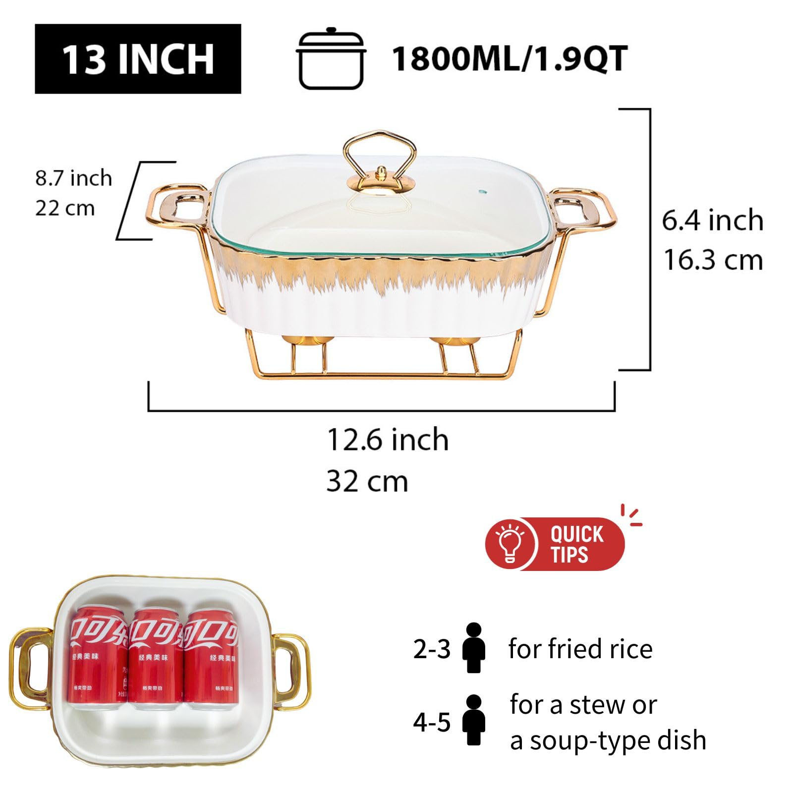 Durx-litecrete Role Warming Trays for Food, Ceramics Chafers, and Buffet Warmers Sets, Gold Plating Serving Dishes (Medium 1.9 quarts)