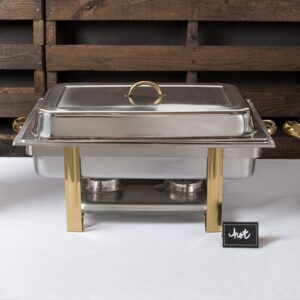 TrueCraftware 8 Qt. Full Size Stainless Steel Oblong Chafing Dish Gold Accent Complete Set- Chafers and Buffet Warmer Sets for Catering Event Party Holiday Buffet Weddings Catering
