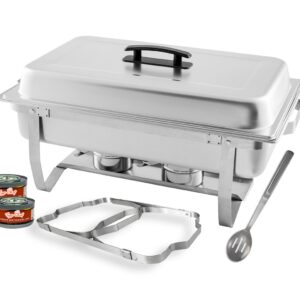 TigerChef 8 Quart Full Size Stainless Steel Chafer with Folding Frame and Cool-Touch Plastic on top - Includes 2 Free Chafing Gels and Slotted Serving Spoon (1, 8 Quart Chafer)